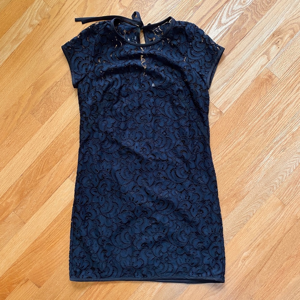Ann Taylor LOFT 4p black sheath dress semi sheer floral lace cap sleeve